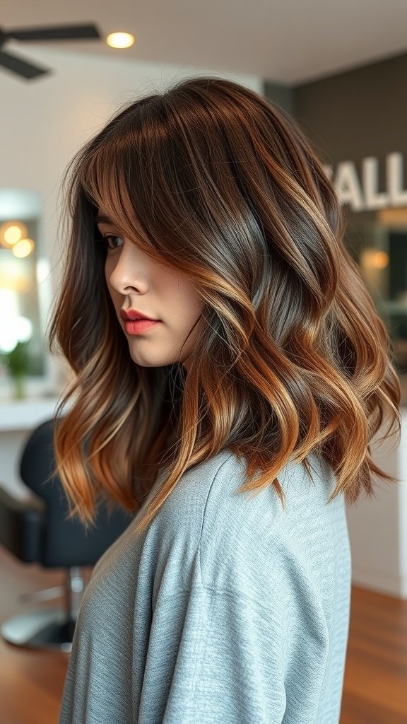 A woman with a lob haircut featuring soft waves and a side fringe, showcasing thick hair.
