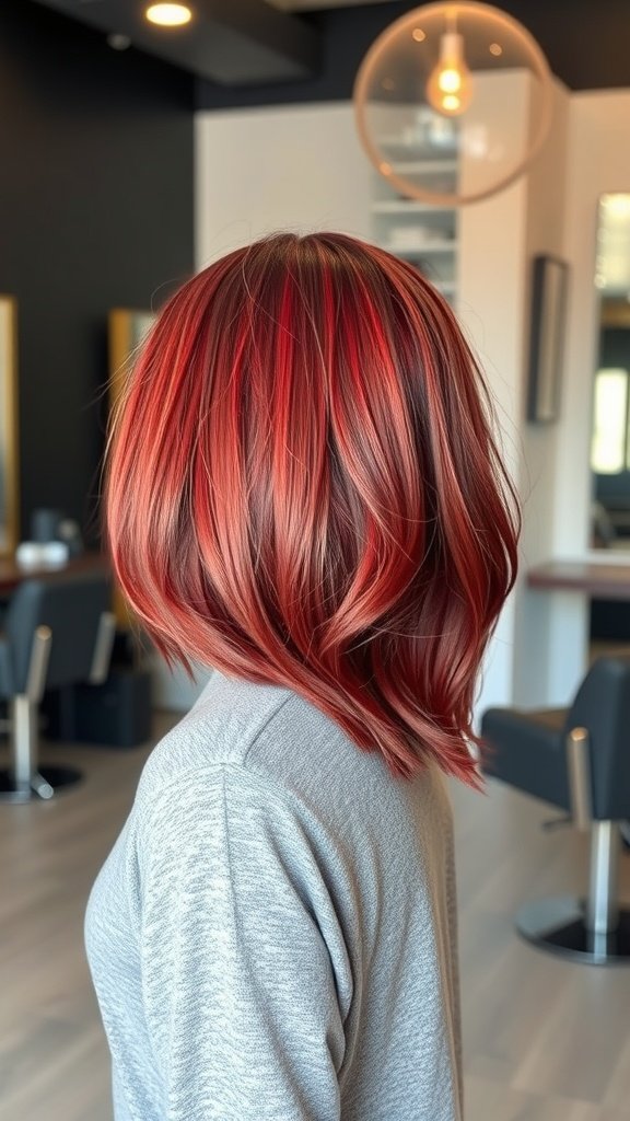 Long box bob hairstyle with glossy red highlights and gentle waves
