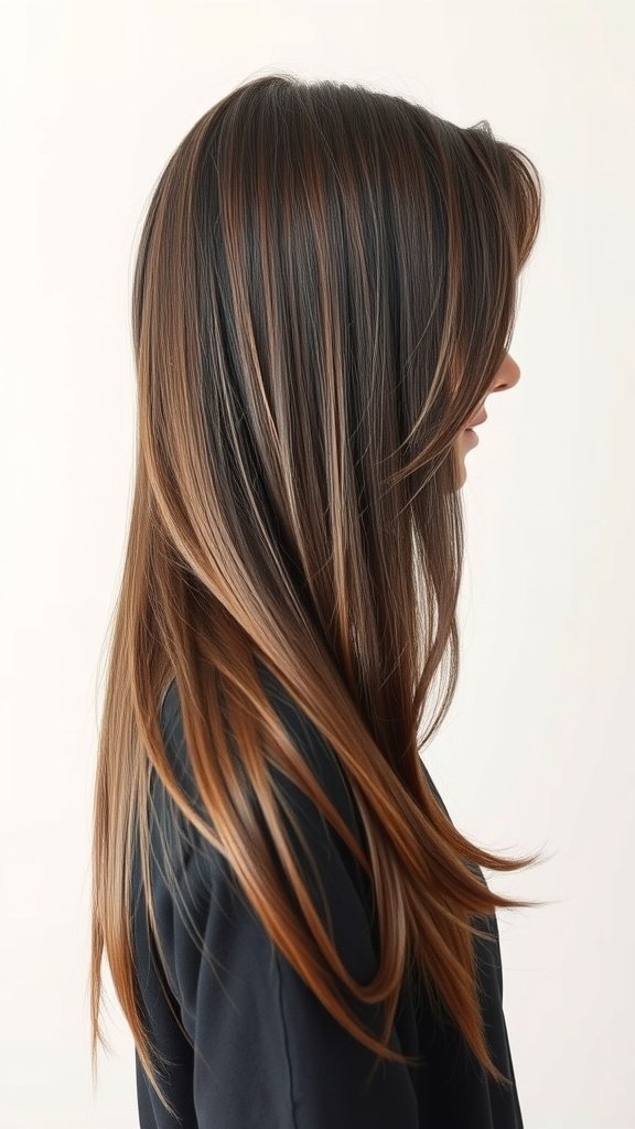 Long espresso brown hair with layers and a fringe