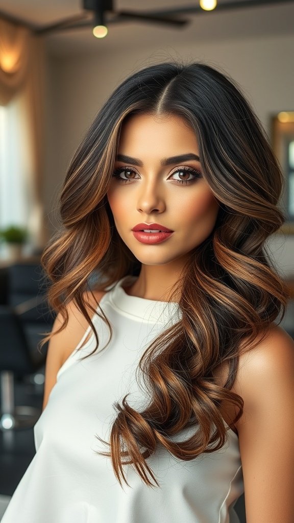 A woman with long hair styled in elegant finger waves, showcasing a beautiful texture and rich tones.