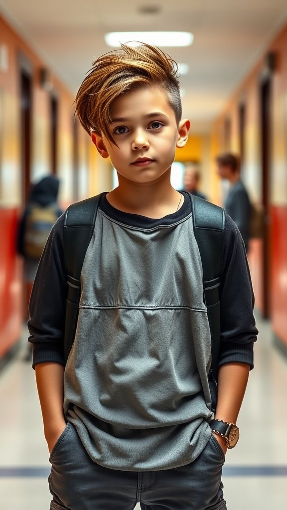 A boy with long locks styled with an undercut, standing in a school hallway.
