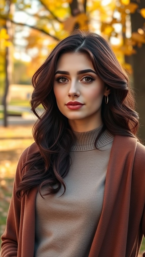 A woman with loose burgundy curls and a middle part, wearing a cozy sweater, surrounded by autumn foliage.