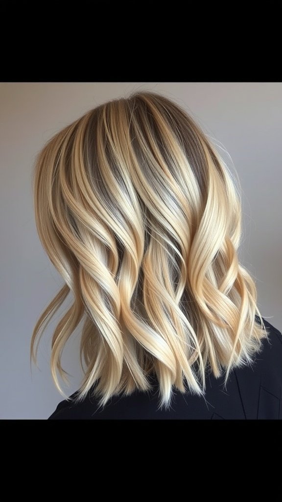 Medium-length blonde hair with gray lowlights styled in soft waves