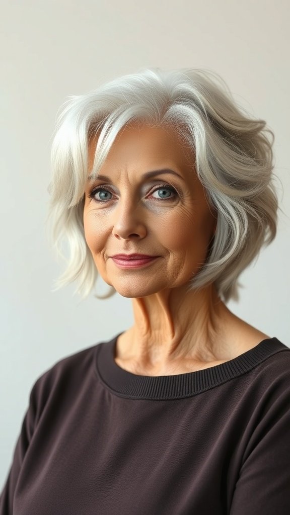 A woman with medium-length wavy silver hair, smiling softly.