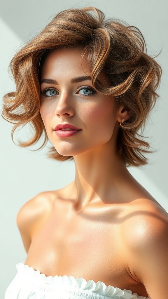 A woman with a medium cut hairstyle featuring chunky waves, showcasing volume and texture.