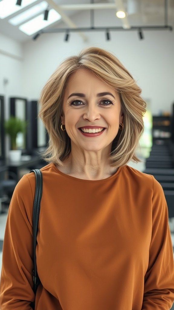 A woman with medium-length hair styled with flip-out ends, smiling in a salon setting.