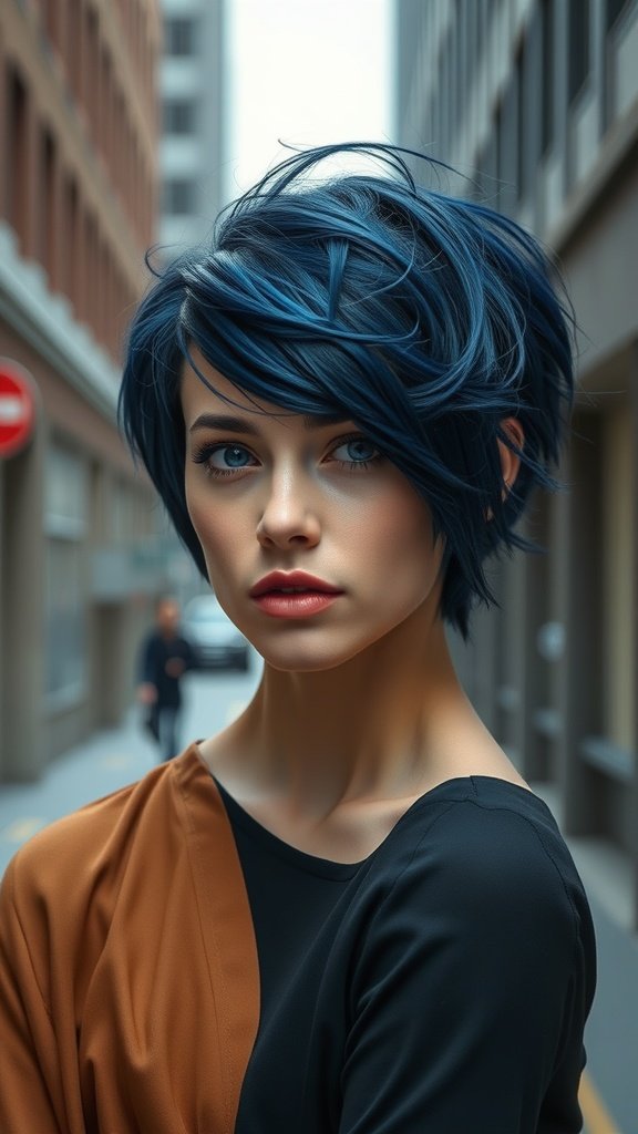 A woman with a shaggy midnight blue pixie cut, standing in an urban setting.