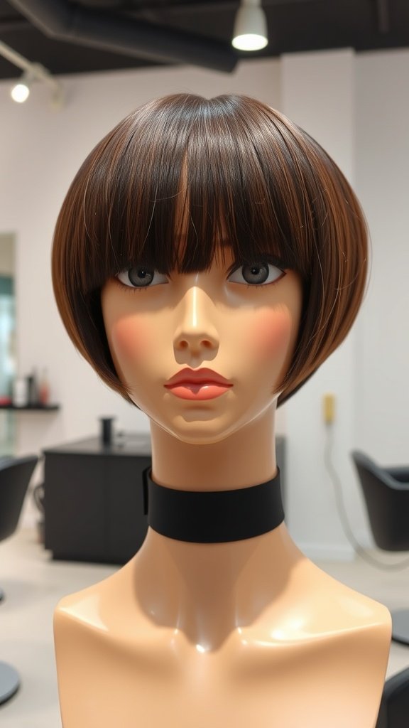A mannequin showcasing a modern bowl cut hairstyle with blunt bangs, featuring a sleek and rounded shape.