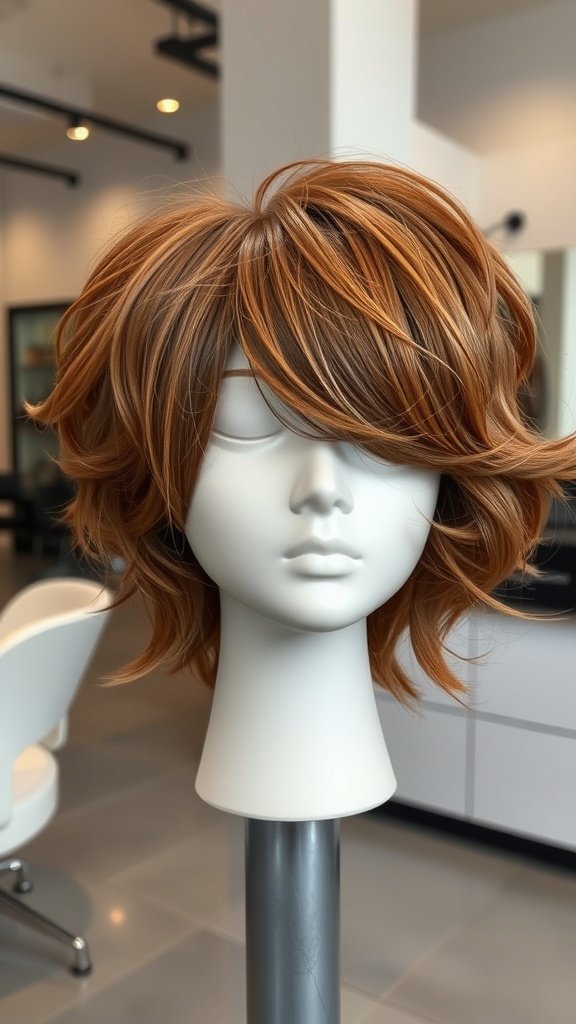 A modern voluminous shag hairstyle displayed on a mannequin, featuring layered, textured hair in warm tones.
