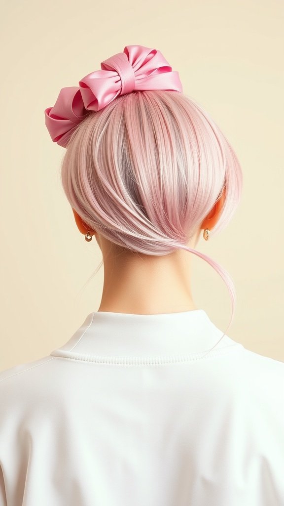 A hairstyle featuring pastel pink hair with a hot pink money piece, styled with a large pink bow.