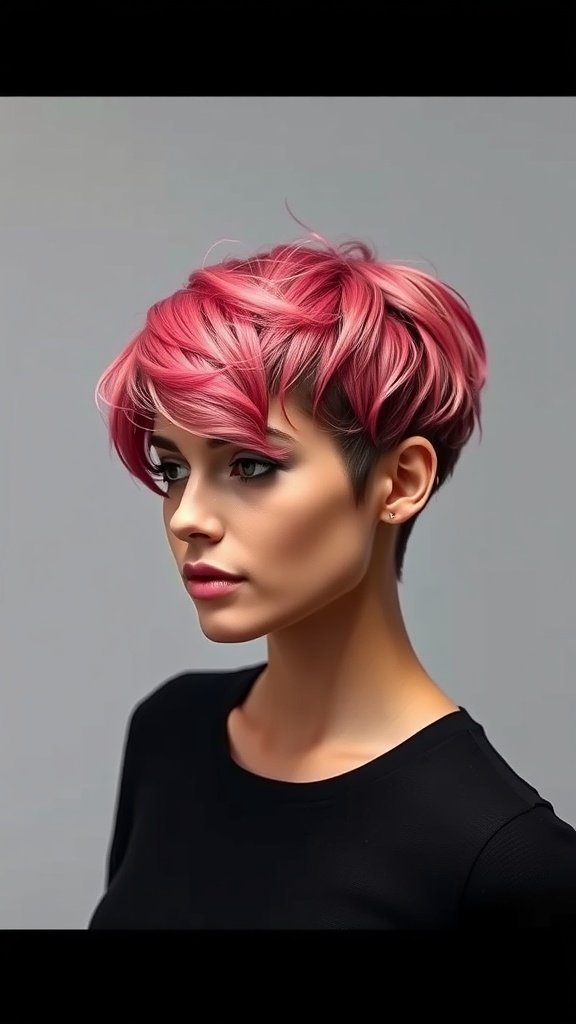A woman with a pixie haircut featuring elongated front pieces and vibrant pink color.