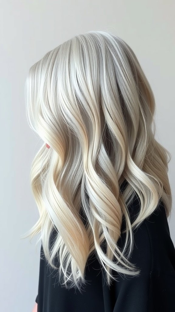 A platinum blonde wavy lob hairstyle showcasing soft waves and a shiny finish.