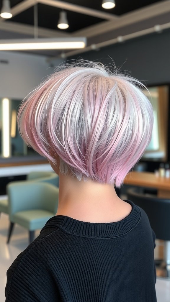 A stylish platinum pixie cut with soft pink hues, showcasing a modern and playful hairstyle.