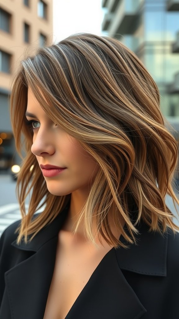 A woman with a razor-cut layered long bob hairstyle, showcasing soft waves and highlights.