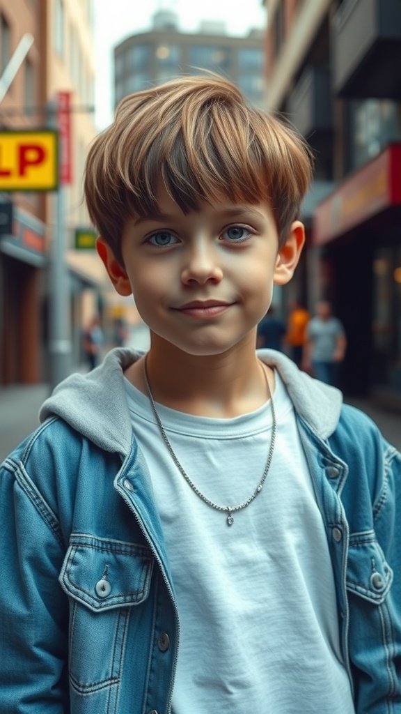 A young boy with a retro bowl cut hairstyle, wearing a denim jacket and a white t-shirt.