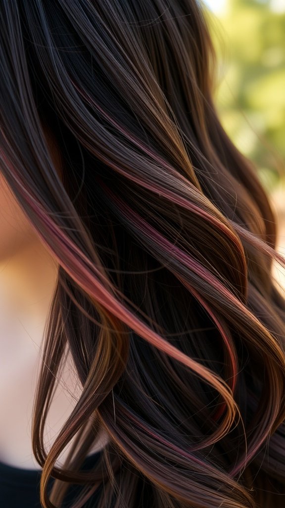 Rich brown hair with delicate pink highlights, showcasing soft waves.