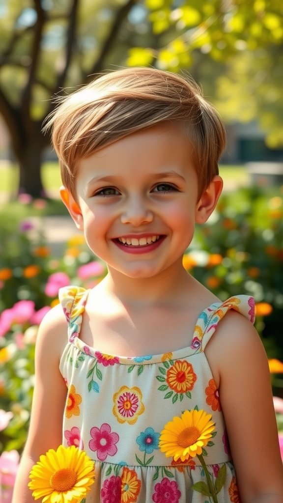 A young girl with a sculpted pixie haircut, smiling in a floral dress surrounded by colorful flowers.