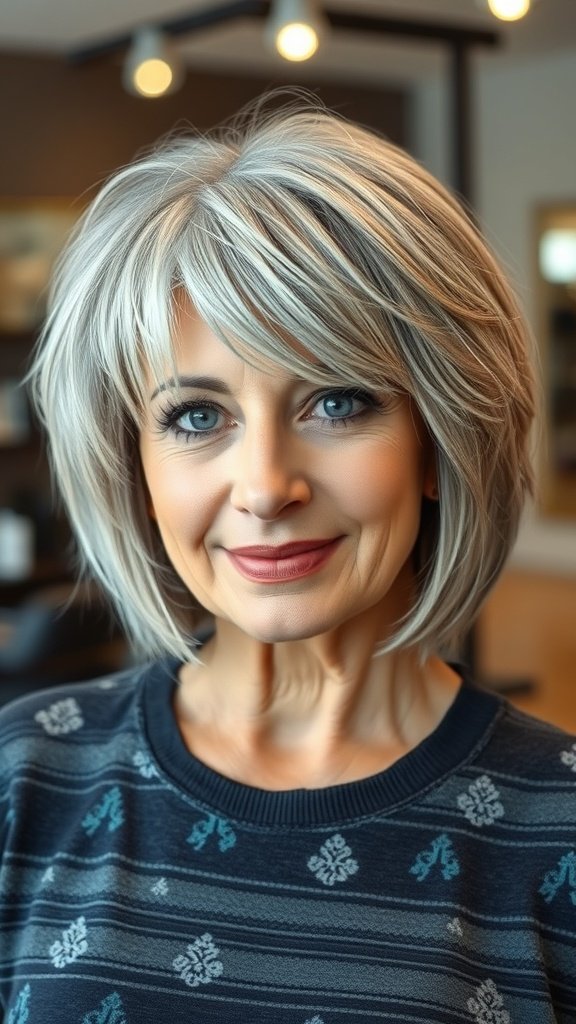A woman with a shaggy bob hairstyle featuring choppy layers and lowlights, smiling confidently.