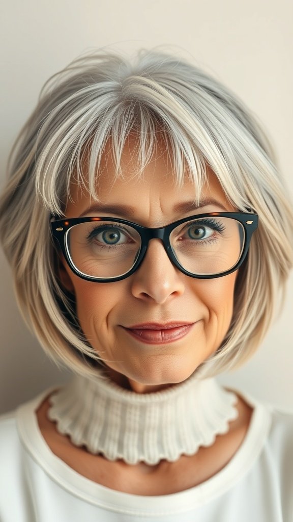 A woman over 70 with a shaggy bob hairstyle and glasses, showcasing light layers.