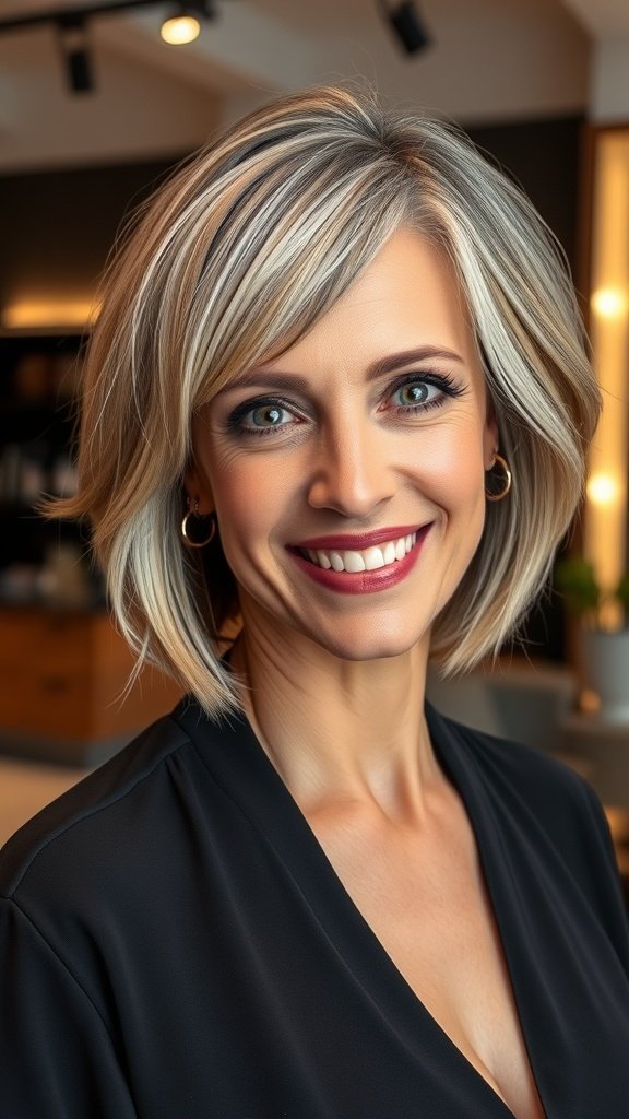A woman with a shaggy bob haircut featuring razored layers, smiling confidently.