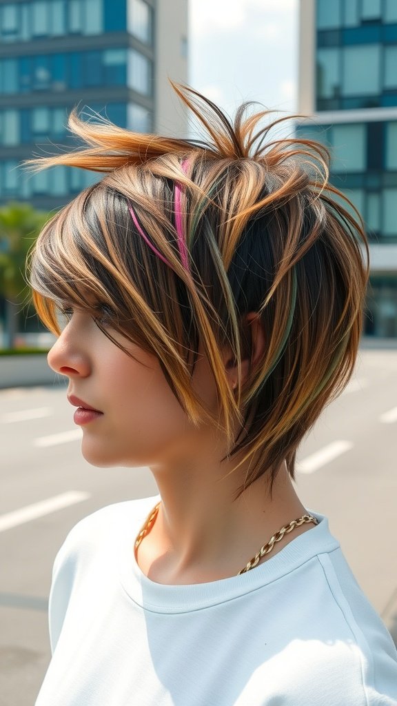A woman with a shaggy mullet hairstyle featuring a zigzag part, showcasing vibrant highlights and a modern look.