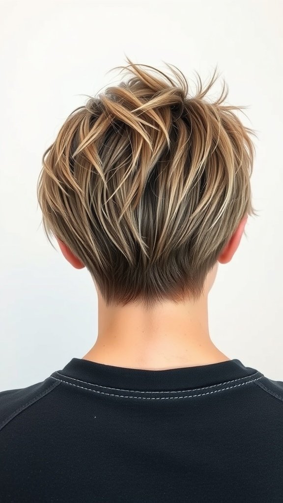 Back view of a shaggy pixie haircut with a hidden undercut, showcasing layered texture and volume.