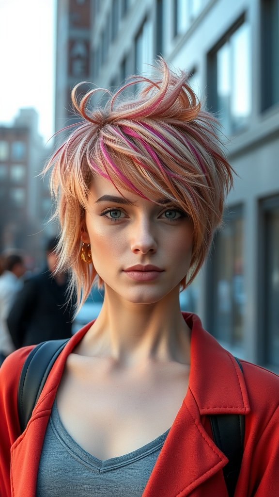 A model with a shaggy pixie haircut featuring feathered layers and vibrant highlights, wearing a red coat.