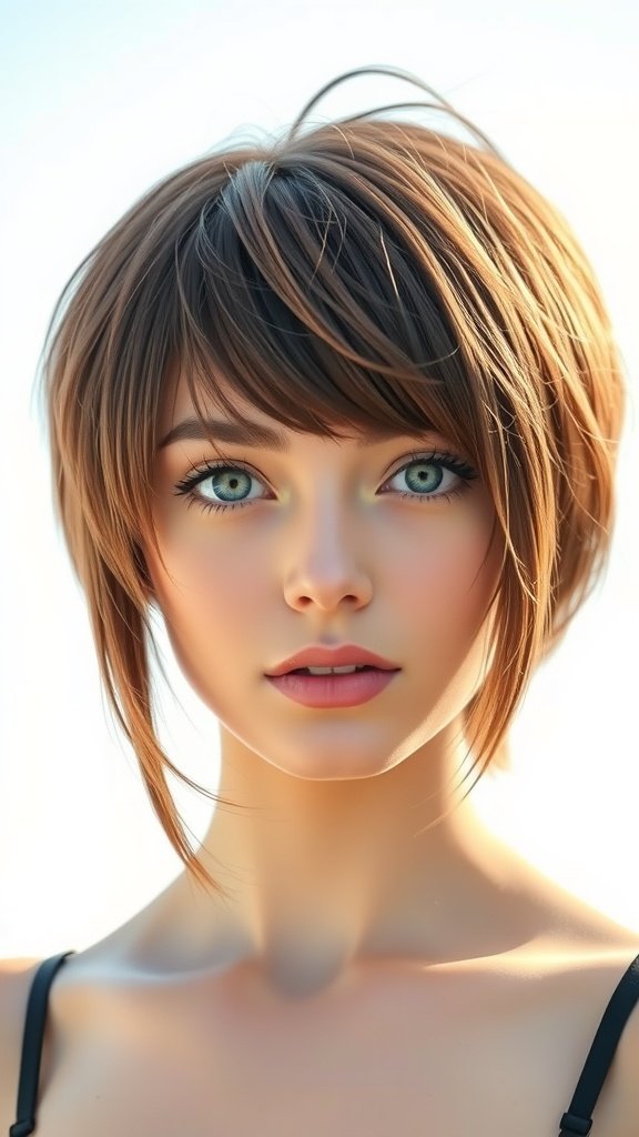 A woman with a shaggy pixie haircut and long bangs, showcasing a stylish look.