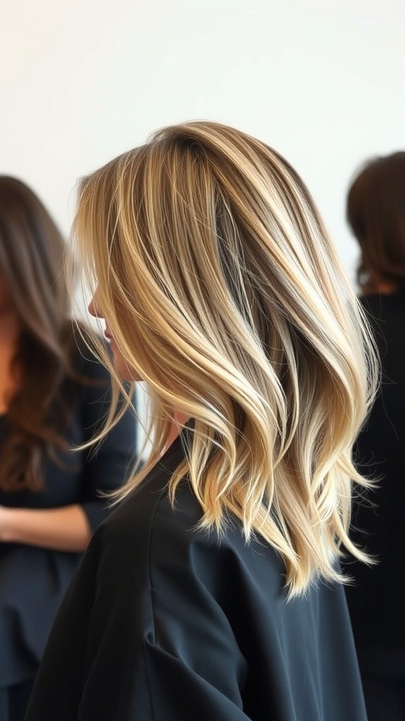 A woman with a side-swept hairstyle featuring long layers and subtle asymmetry.