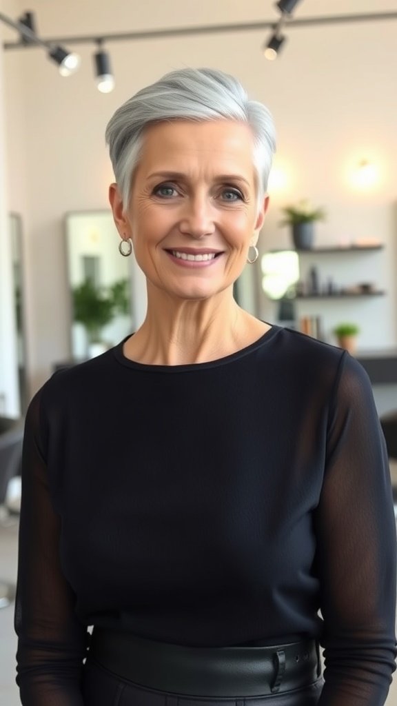 A woman with a sleek pixie cut and tapered sides, smiling in a salon setting.