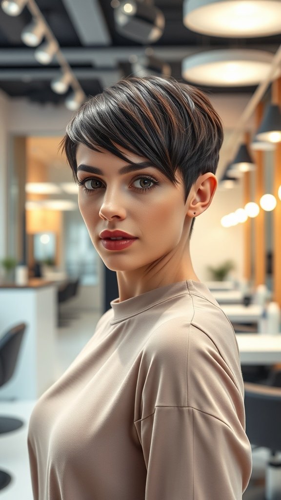 A woman with a sleek pixie haircut and asymmetrical arched bangs, looking confidently at the camera.
