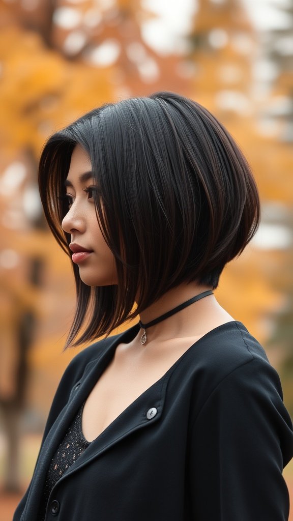 A woman with a slicked back layered bob hairstyle, showcasing a modern and chic look.