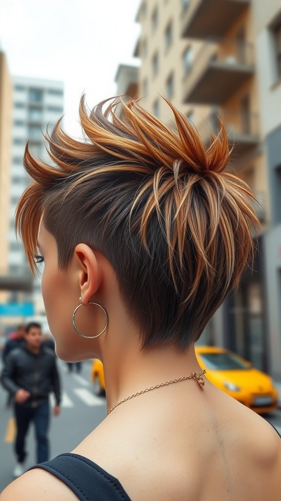 A stylish spiky top wolf cut hairstyle with layered sides and a vibrant top, showcasing a confident urban look.