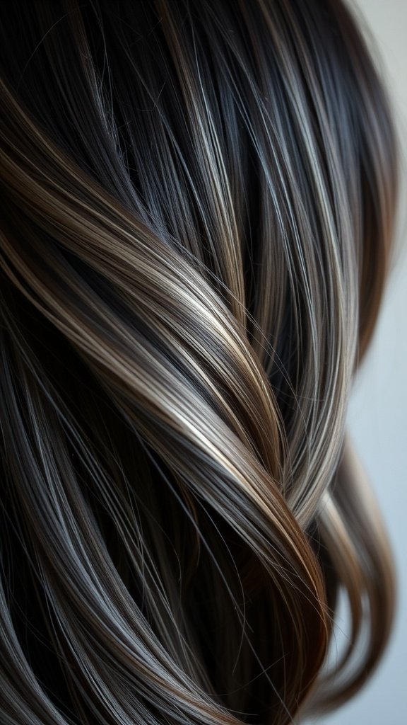 Close-up of dark hair with sterling silver streaks