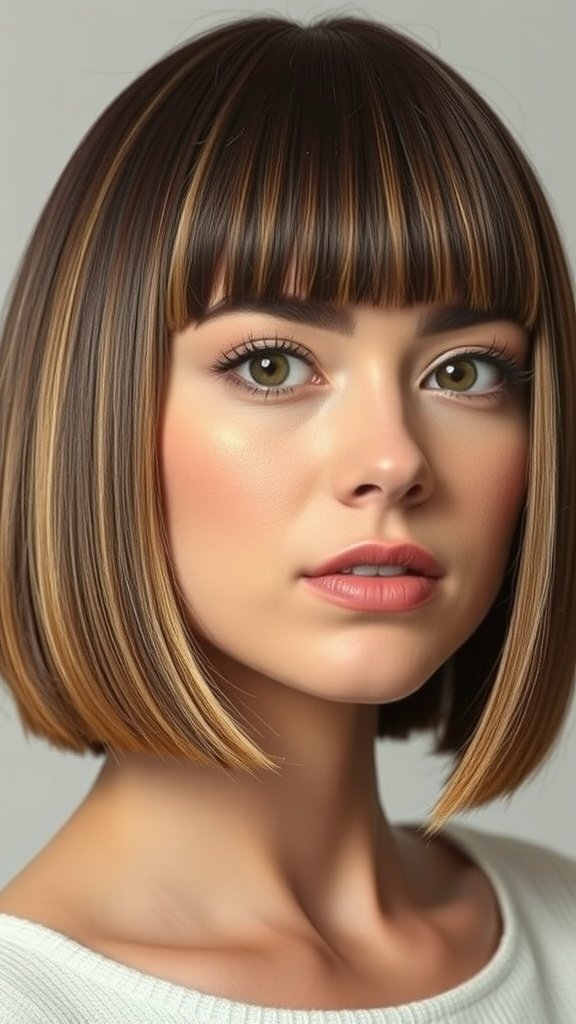 A woman with a straight bob hairstyle featuring blunt ends and subtle highlights.