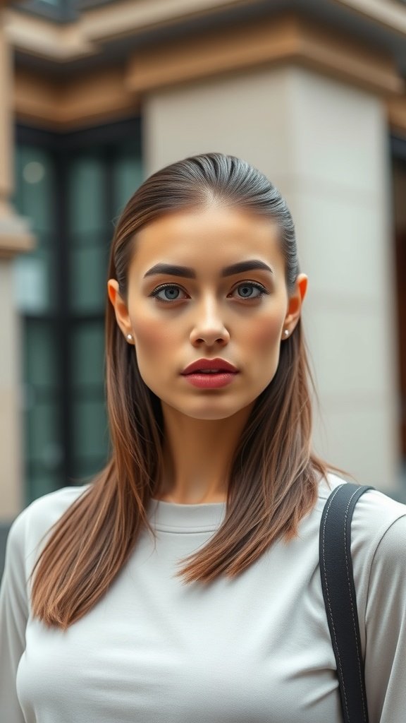 A woman with straight hair styled in a slicked back top, showcasing a polished and sophisticated look.
