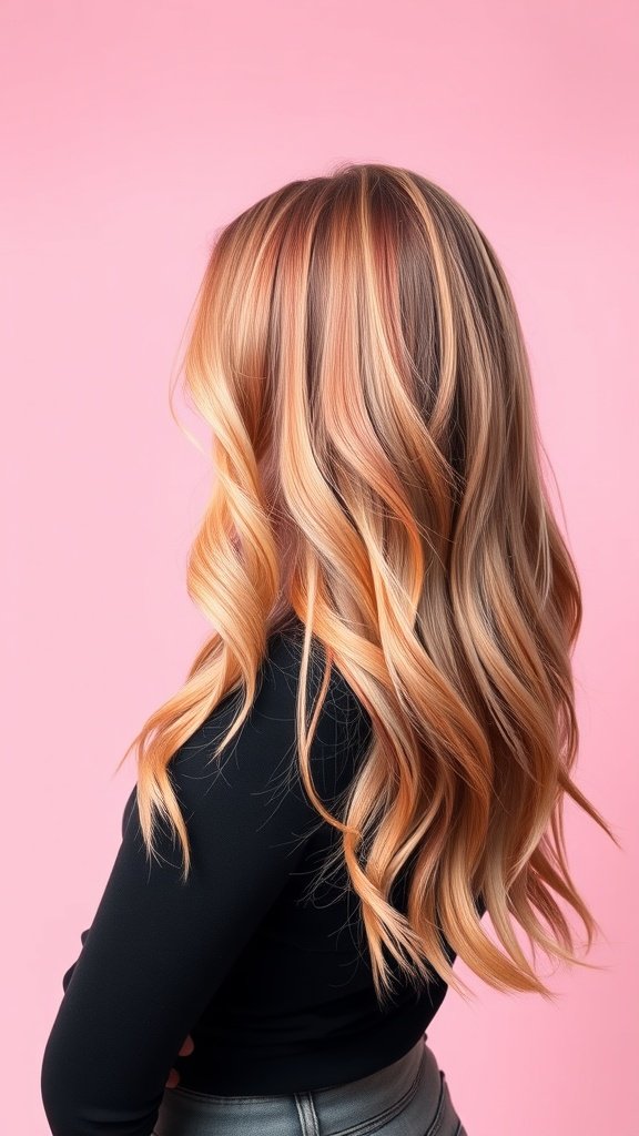 A woman with strawberry blonde ombre lob hairstyle, showcasing soft waves against a pink background.
