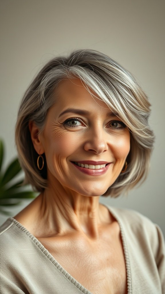 A smiling woman with a tapered haircut and side-swept wispy bangs, showcasing a youthful and elegant look.