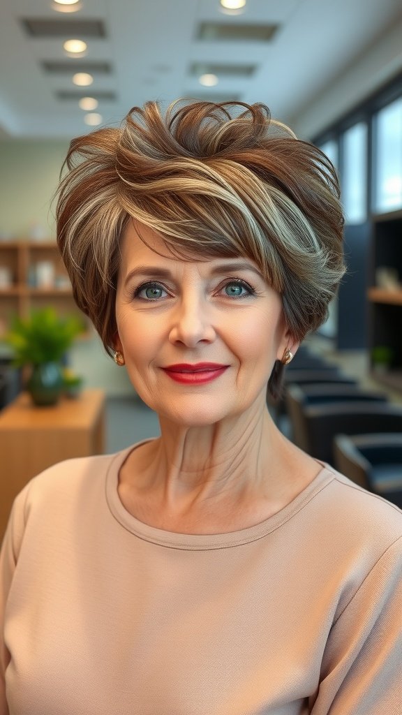 A woman over 60 with a tapered nape and feathered top hairstyle, showcasing elegance and volume.