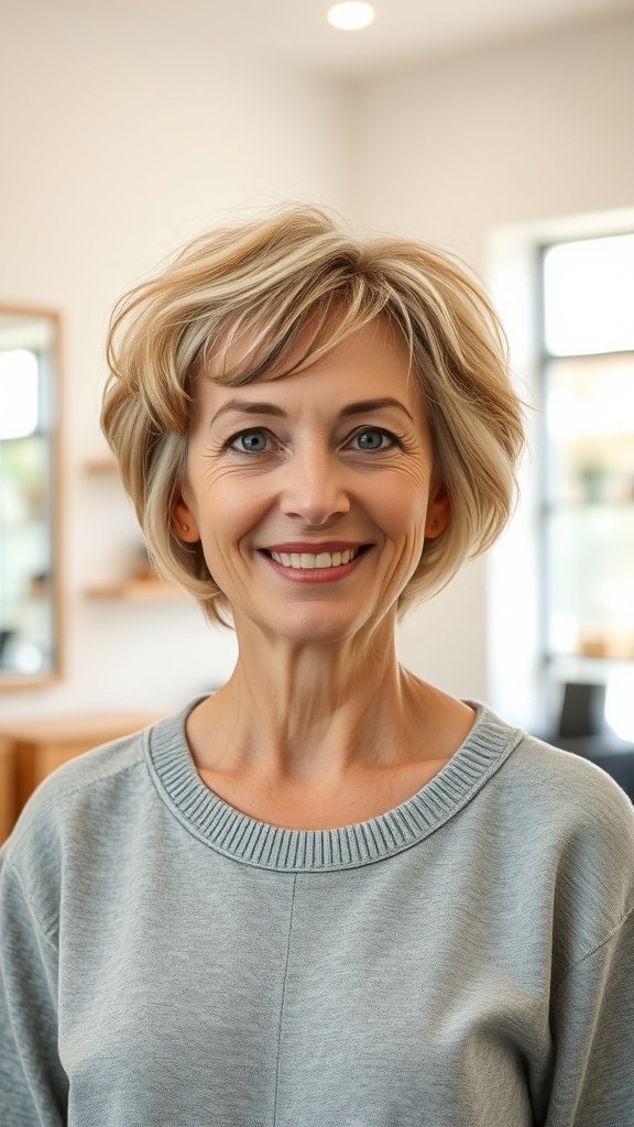 A woman over 60 with a tapered nape and feathered top hairstyle, smiling in a cozy indoor setting.
