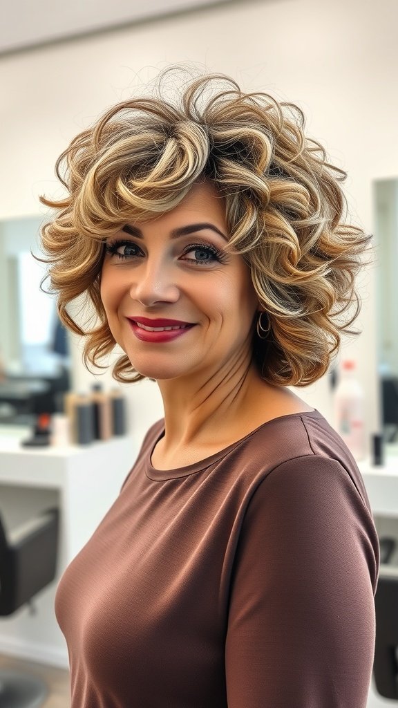 A woman with a textured curly bob hairstyle featuring piecey curls, smiling in a salon setting.
