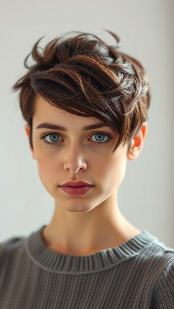A woman with a textured pixie haircut featuring a micro fringe, showcasing a modern and stylish look.