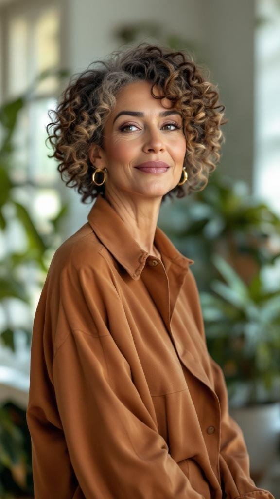 A woman with tight ringlets and a root shadow hairstyle, wearing a brown shirt, smiling softly.