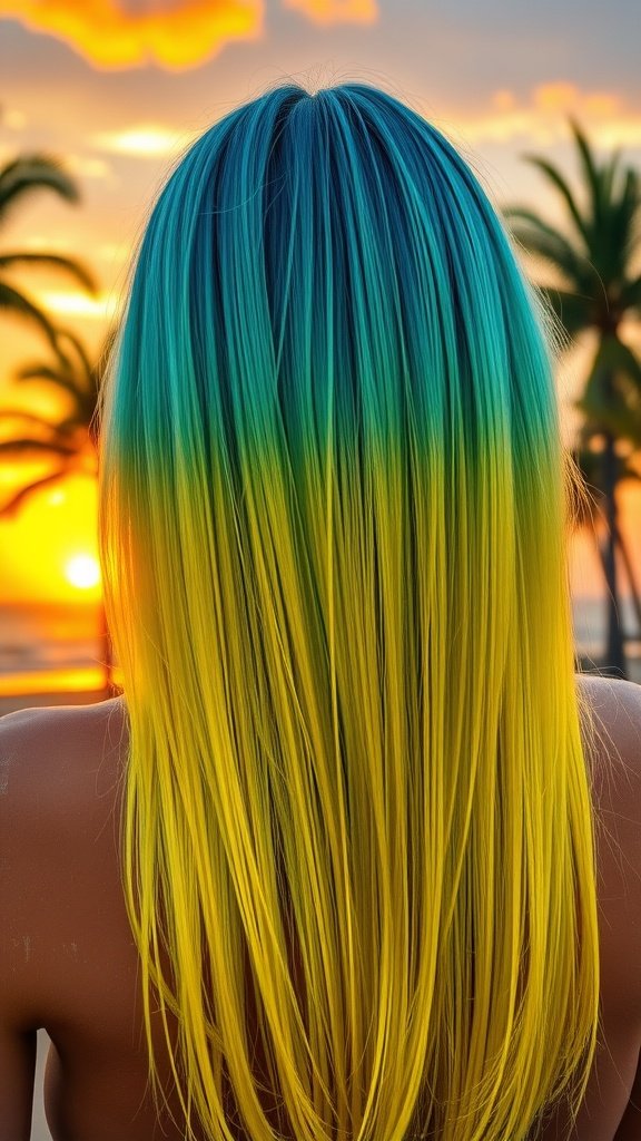 A person with long hair featuring a tropical ombre color, transitioning from cyan at the roots to yellow at the tips, with a sunset and palm trees in the background.