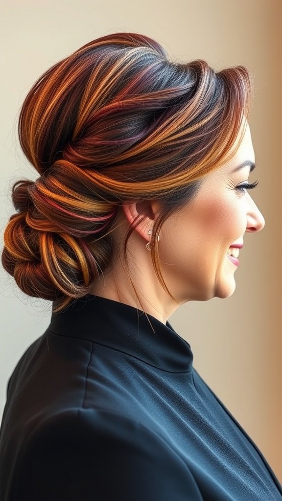 A woman with a twisted low bun hairstyle, showcasing vibrant colors and an elegant look.