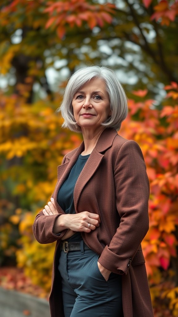 Stylish older woman with a two-tone wedge bob hairstyle, standing against a backdrop of autumn leaves.