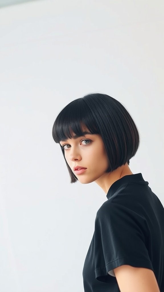 A model with an ultra-short micro bob hairstyle featuring subtle layering and blunt bangs.
