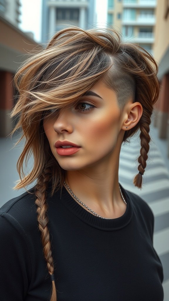 A woman with a wispy hush cut and side cornrows, showcasing a stylish and modern hairstyle.