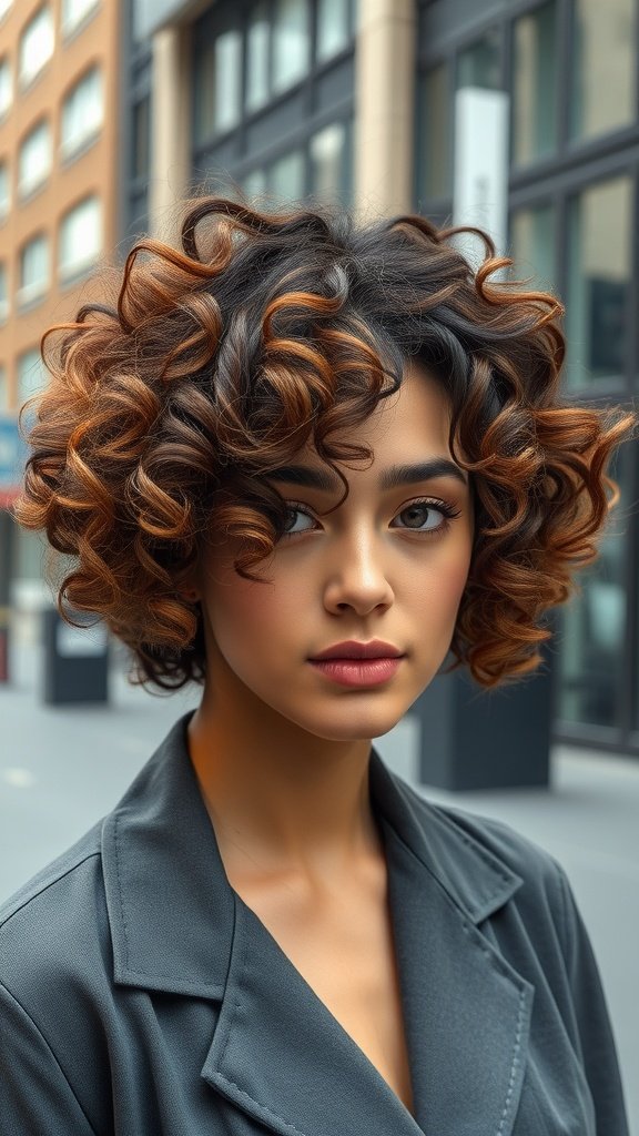A woman with a V-Cut Curly Lob hairstyle, showcasing soft, bouncy curls and a modern silhouette.