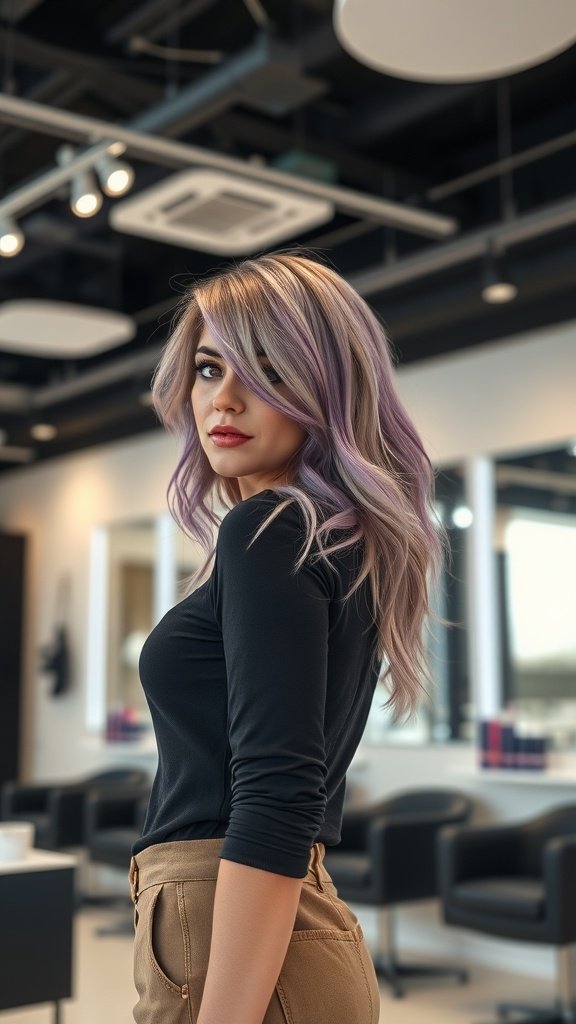 A woman with ash blonde hair featuring vibrant purple streaks, styled in a modern salon.